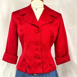 VTG 90s MARK FARREL Red Jacquard Brocade Cropped‎ Blazer Jacket Womens 7/8 Retro